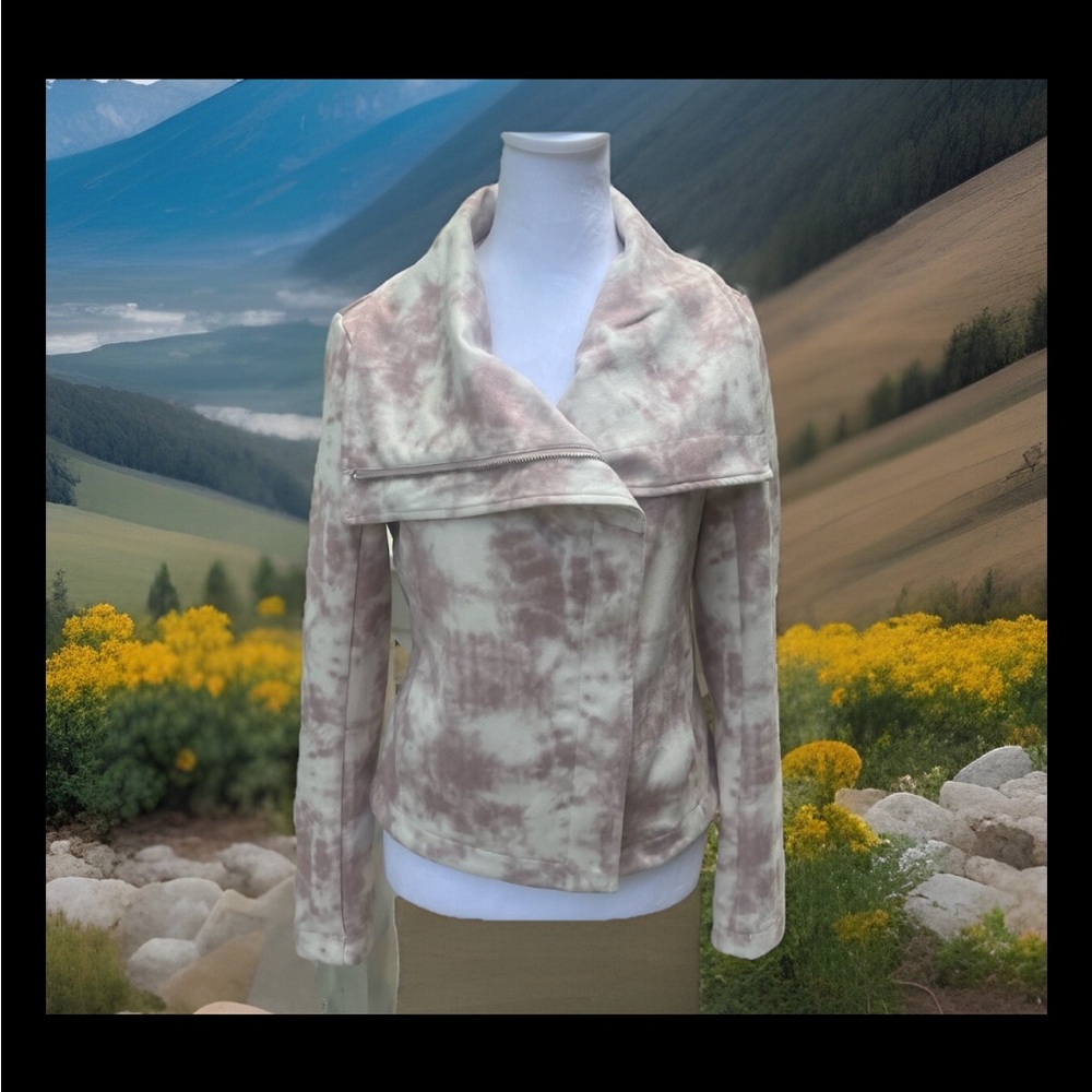 Bagatelle Pink Rose TieDye Asymmetrical Zip Faux Suede Moto Short Jacket XS Crop - Picture 3 of 16